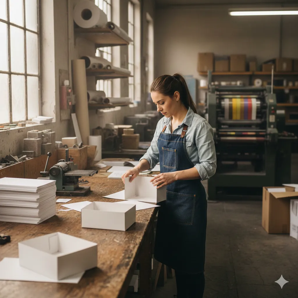 Foto de un mujer trabajando y aprendiendo los usos de cajas plegadizas de cartón para personalizar en Carnevali